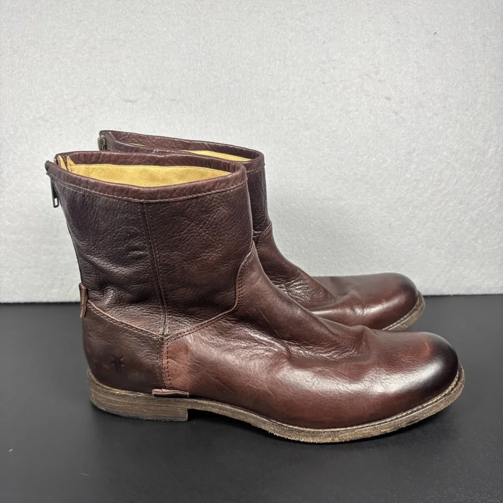 Frye Mens 10.5 D Dark Brown Leather Back Zip Ankle Boots Round Toe 3487870